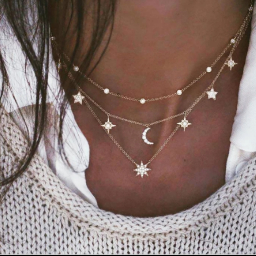 Gold moon and stars layered necklace